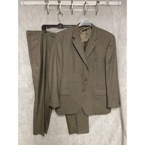 Jeffrey Banks Suit Men 50L Beige Black Houndstooth Flannel Wool  46x32 Pant Luxe